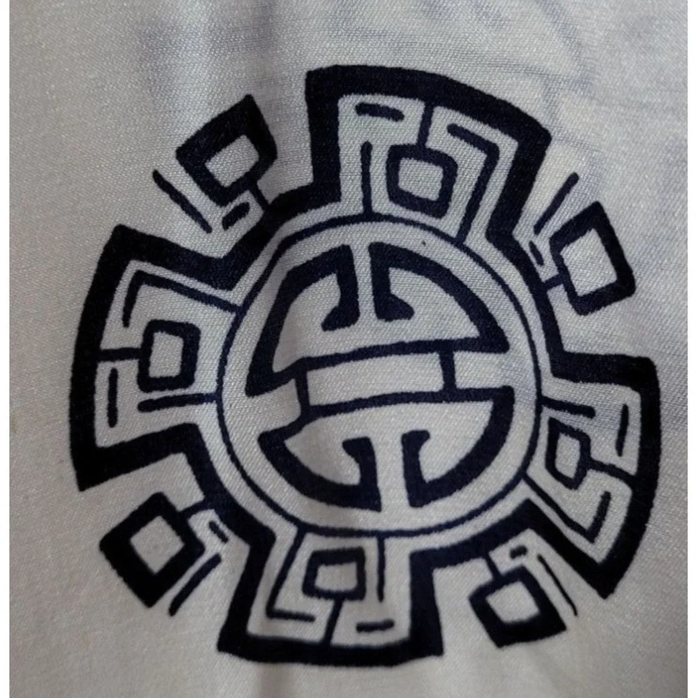White & Navy Patterned Satin Scarf With Fringe Detailing
